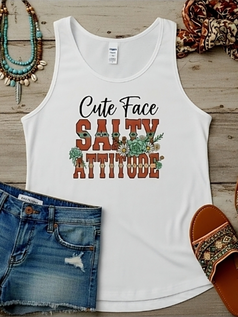 Cute Face Salty Attitude Tank Top • Western Floral Graphic • Country Girl Summer